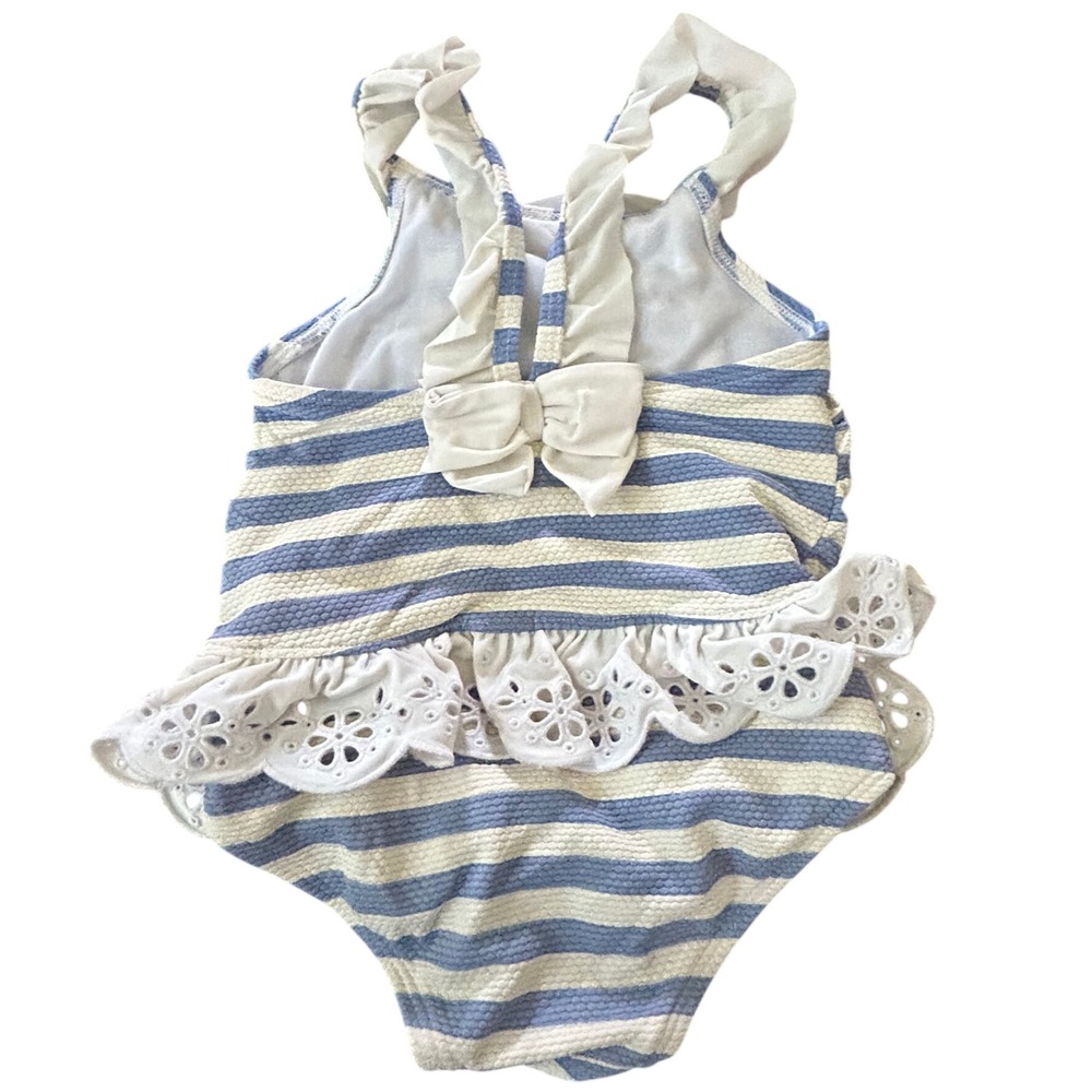 Baby Girl Blue White Striped Seersucker One Piece Swimsuit Eyelet Ruffle Bow